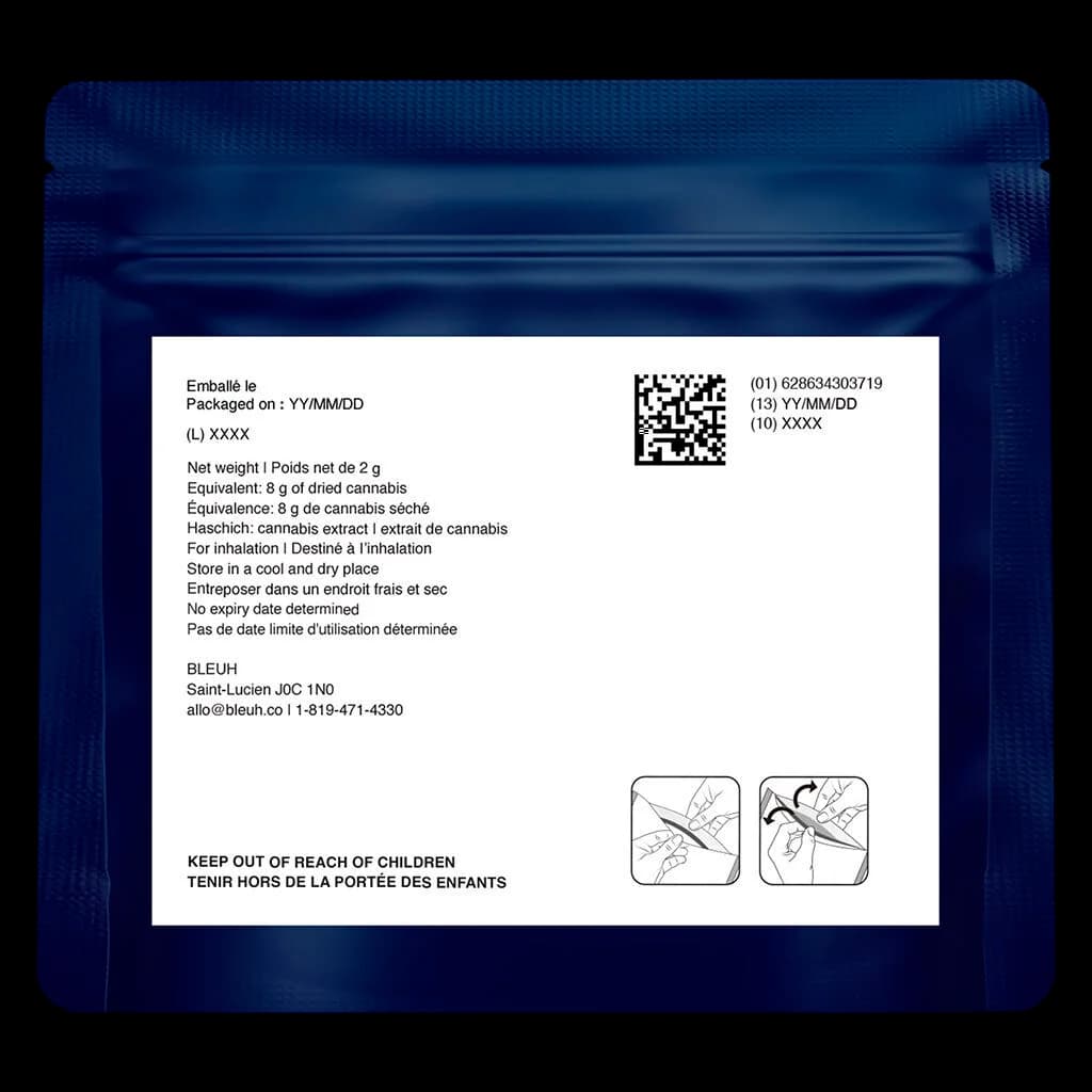 Bleuh Quebec Old School Hash 2g cannabis extract package rear label with bilingual instructions, QR code, and child safety warnings