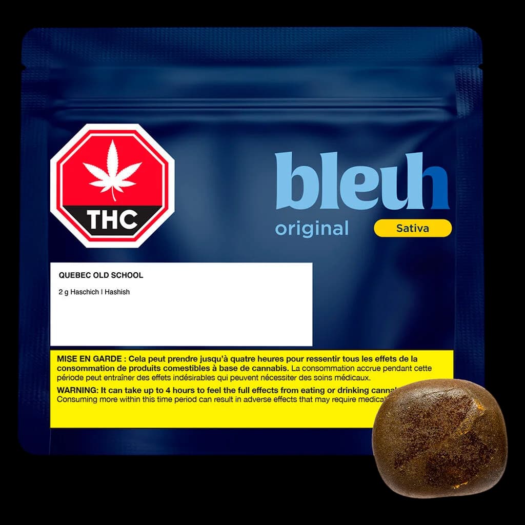 Bleuh Quebec Old School 2g hashish with dark brown product visible alongside sealed navy pouch packaging
