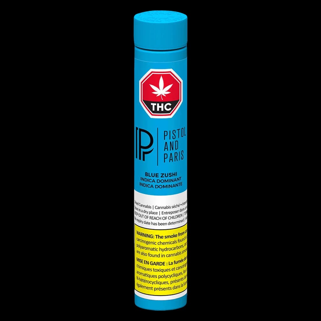 Emballage de pré-roulé indica Blue Zushi de Pistol and Paris, tube bleu avec symbole THC et étiquette d'avertissement jaune de Santé Canada