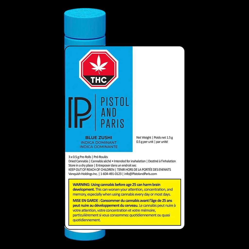 Paquet de pré-roulés indica Blue Zushi de Pistol and Paris, 3 x 0,5 g, avec emballage bleu et étiquette d'avertissement THC de Santé Canada