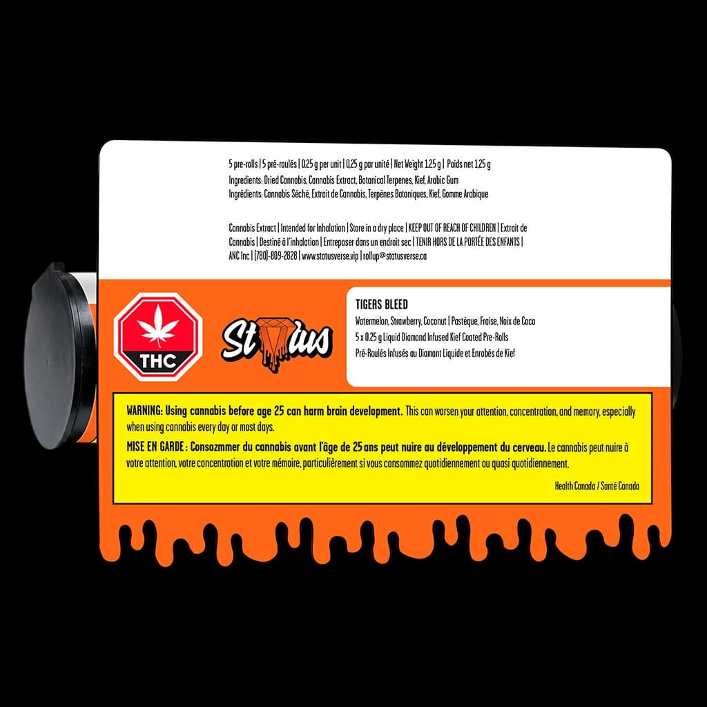 Status Tigers Bleed Liquid Diamond Infused Kief Coated Pre-Rolls, 5-pack, 1.25g total, cannabis pre-roll pack