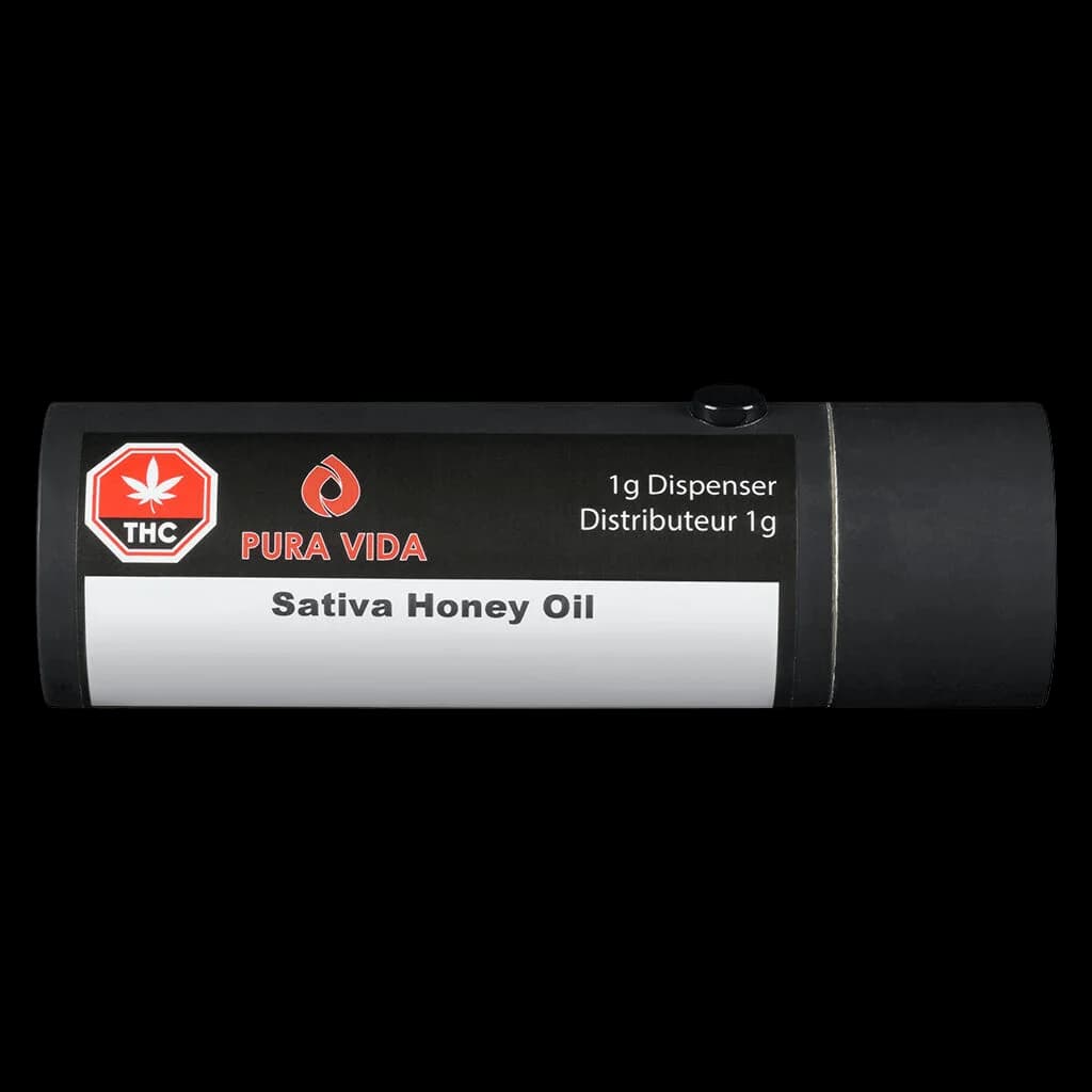 Pura Vida Sativa Honey Oil 1g dispenser tube with black packaging and white label showing THC symbol and product name