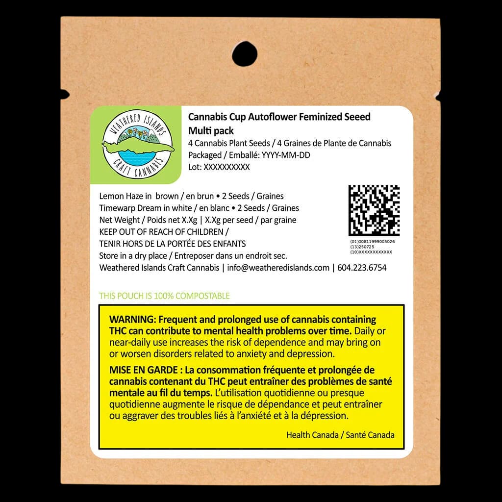 Weathered Islands Craft Cannabis Cup Autoflower Feminized Seed multi-pack containing 4 cannabis seeds in Lemon Haze and Timewarp Dream varieties