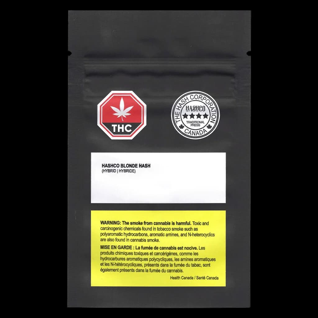 HashCo Blonde Hash hybrid cannabis concentrate in black pouch with red THC warning symbol and Health Canada label