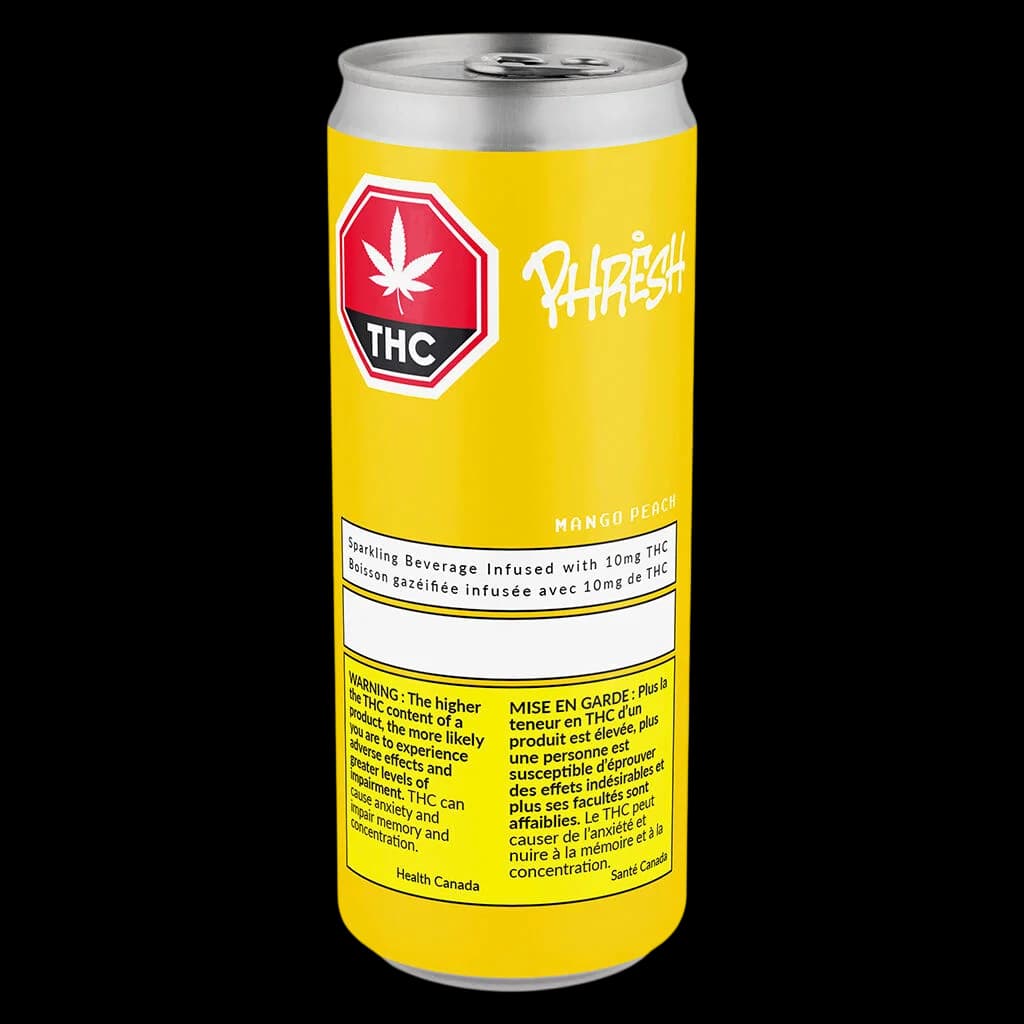 Phresh Mango Peach cannabis beverage, 355 mL can with yellow label and regulatory information