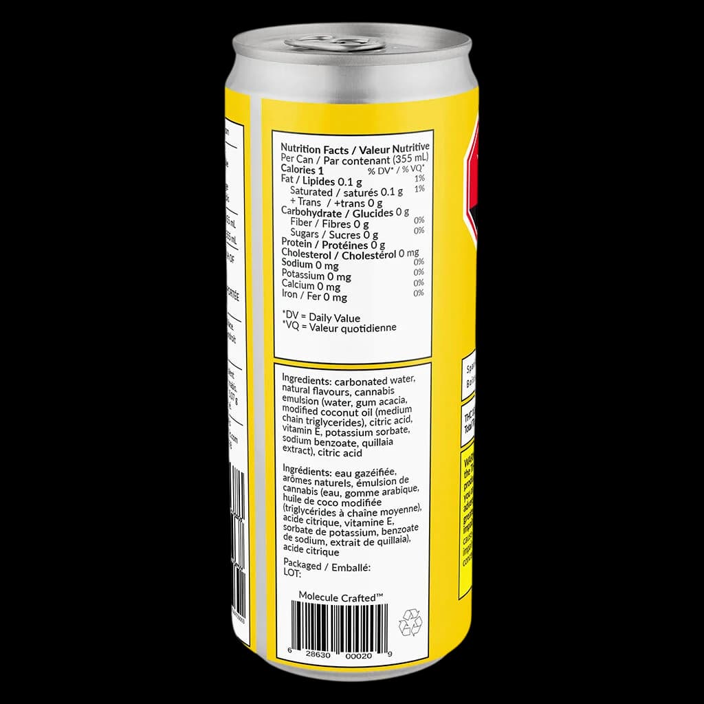 Molecule Crafted Mango Peach cannabis beverage, 355ml aluminium can with nutrition facts and bilingual ingredients label