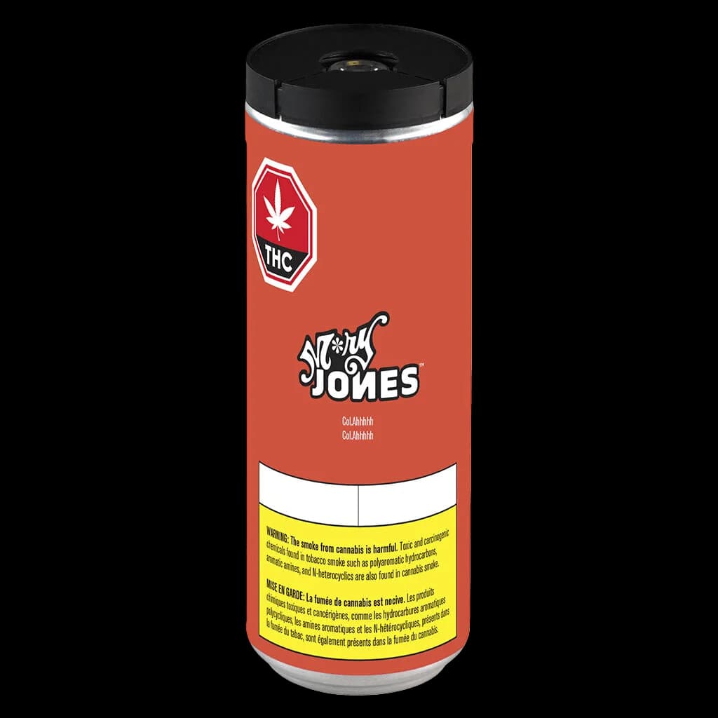 M*ry Jones Col.Ahhhhh cannabis beverage in red cylindrical can with black cap and yellow Health Canada warning label