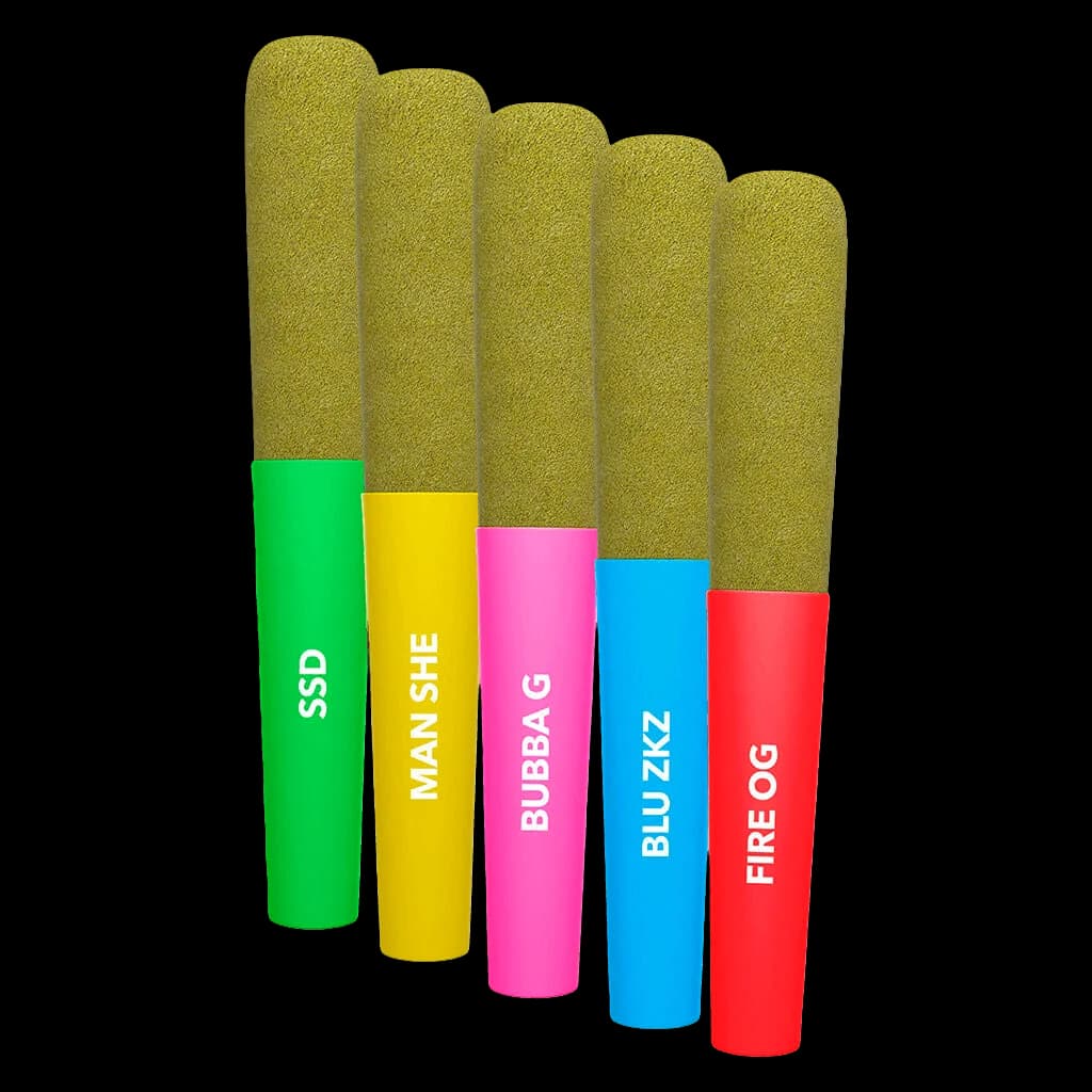 Baby Jeeter Infused pre-roll five-pack with strain varieties SSD, Man She, Bubba G, Bluzzkz, and Fire OG in color-coded tubes