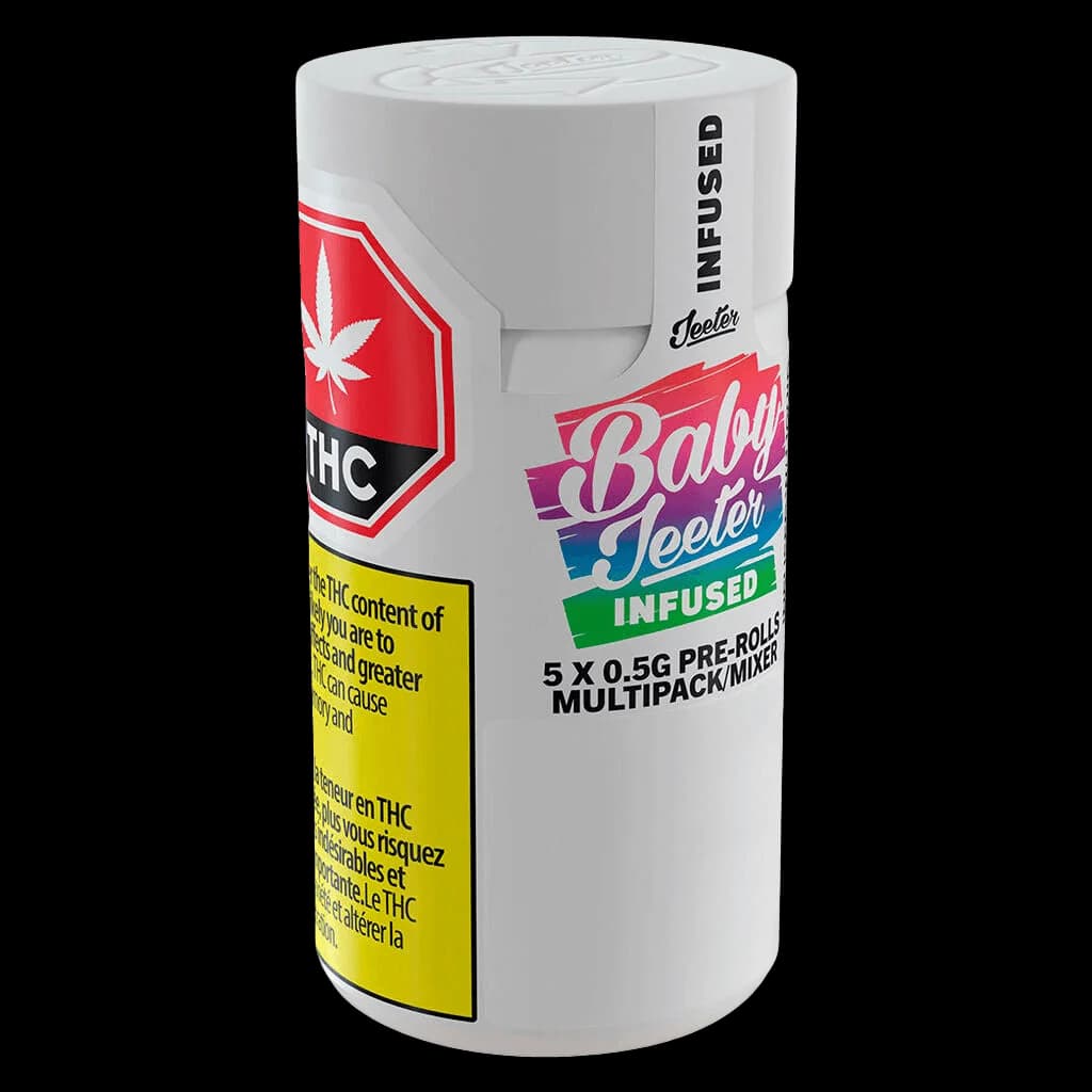Baby Jeeter Infused pre-roll multipack, 5 x 0.5g cannabis pre-rolls in white cylindrical packaging with red and colorful branding