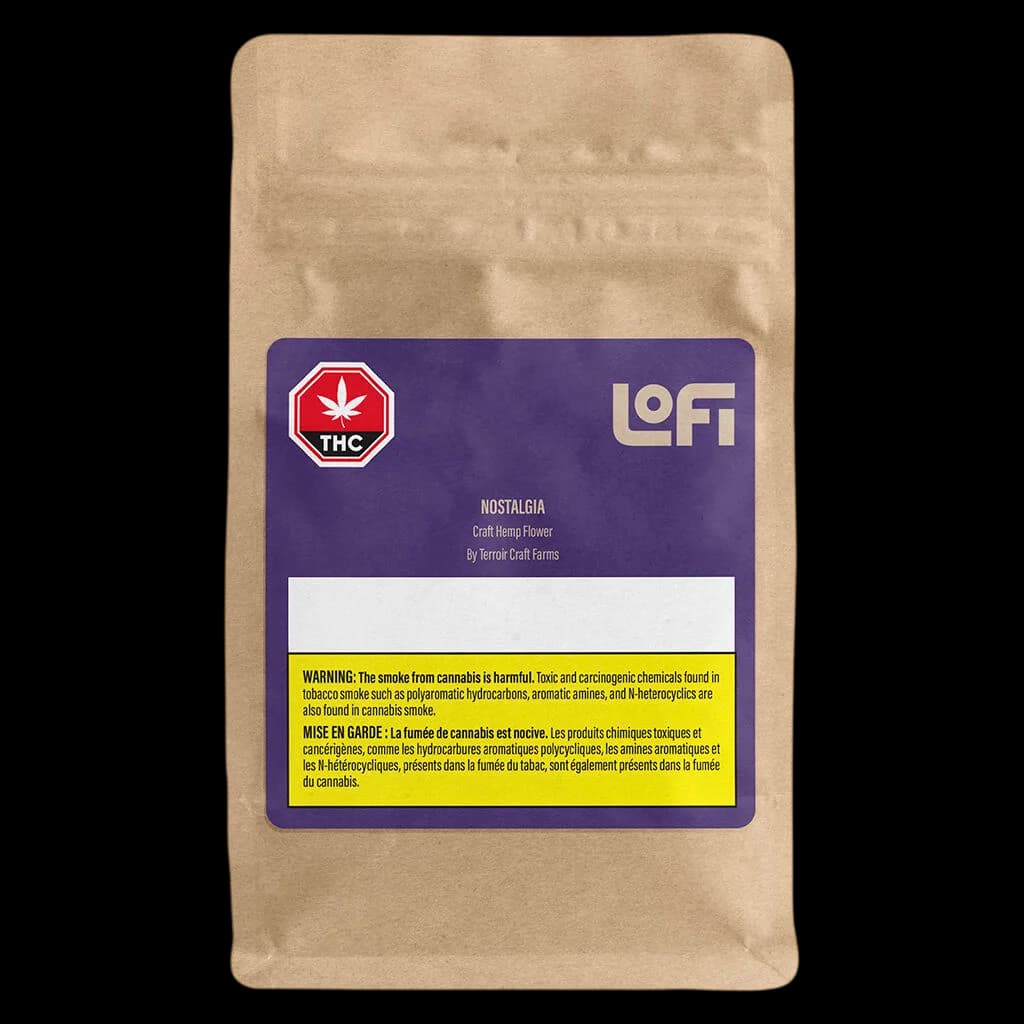 LoFi Nostalgia craft hemp flower pouch with purple label, THC warning symbol, and Health Canada warning