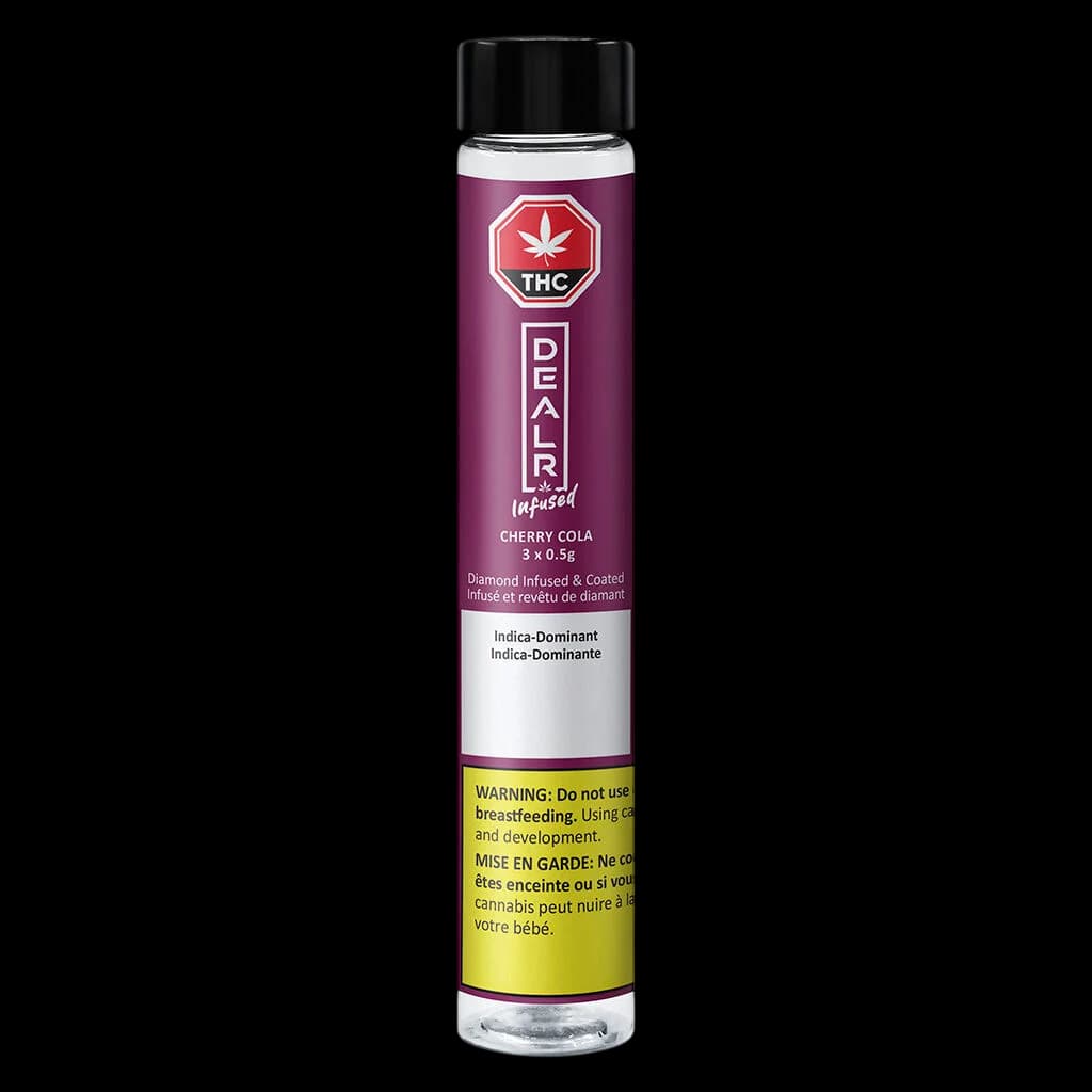 Paquet de pré-roulés au cannabis infusé Cherry Cola de DEALR Infused, 3 x 0,5 g, infusé aux diamants et enrobé, à dominance indica