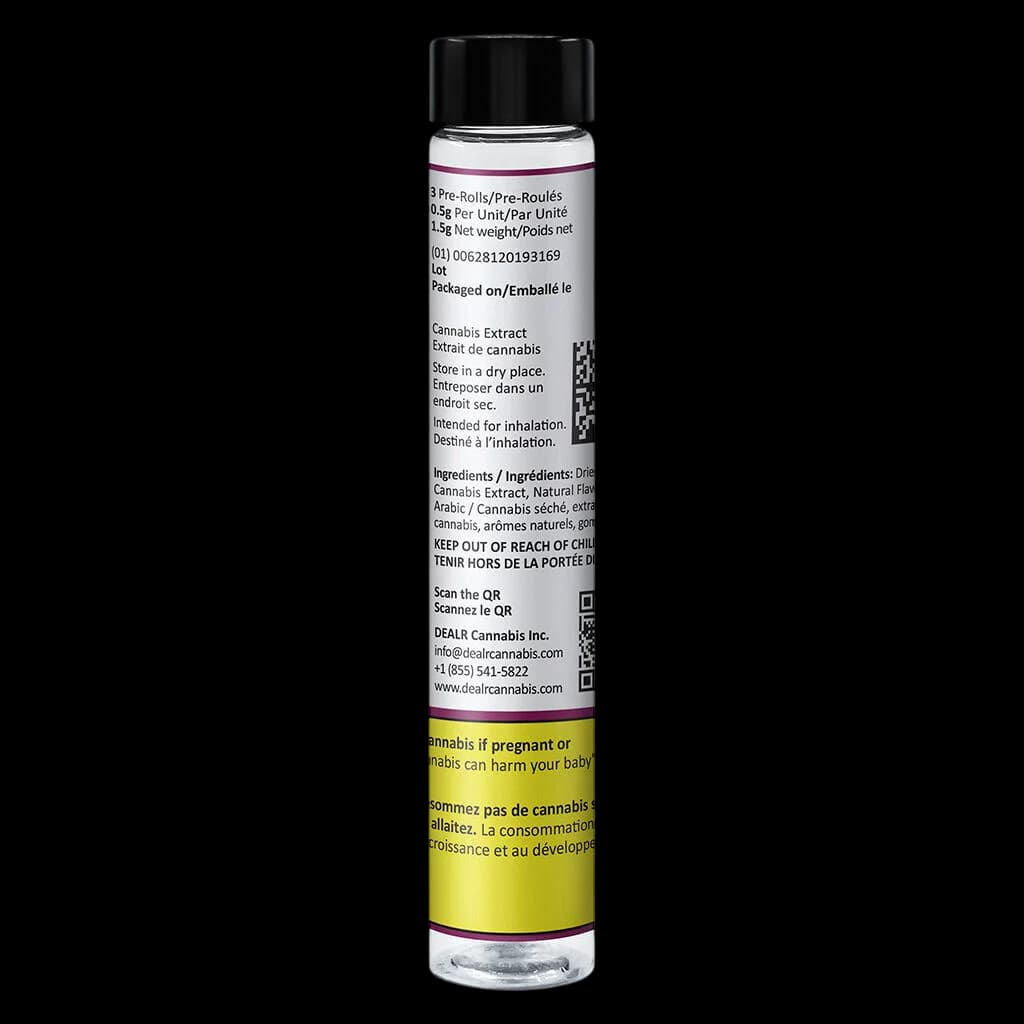 Fiole de pré-roulés infusés Cherry Cola de DEALR, 3 pré-roulés, 0,5 g par unité, produit à base d'extraits de cannabis