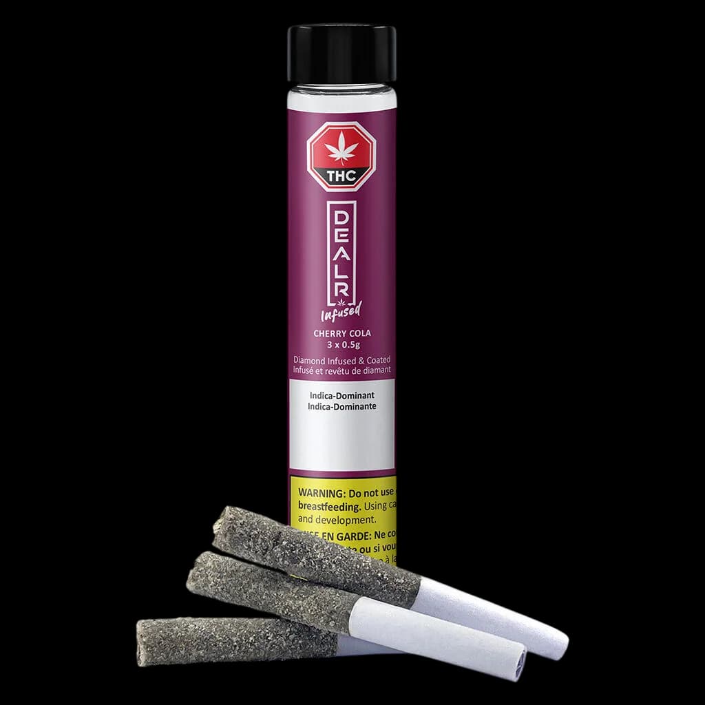 Pré-roulés au cannabis DEALR Infused Cherry Cola, 3 x 0,5 g, infusés et enrobés de diamants, souche à dominance indica