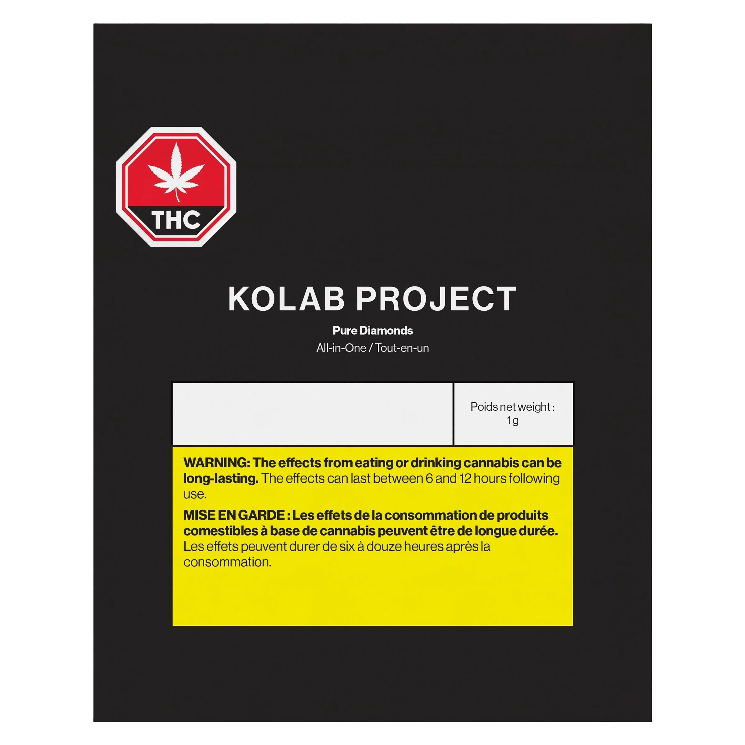Kolab Project Pure Diamonds 1g all-in-one cannabis concentrate with THC warning symbol and Health Canada bilingual warning label