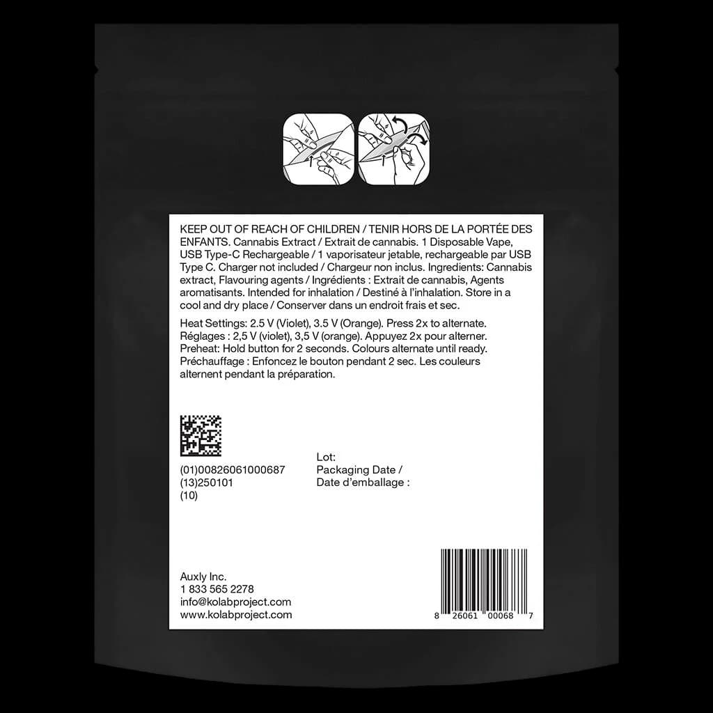 Kolab Project Pure Diamonds disposable vape back label with safety instructions, heat settings 2.5V-3.5V, and regulatory information