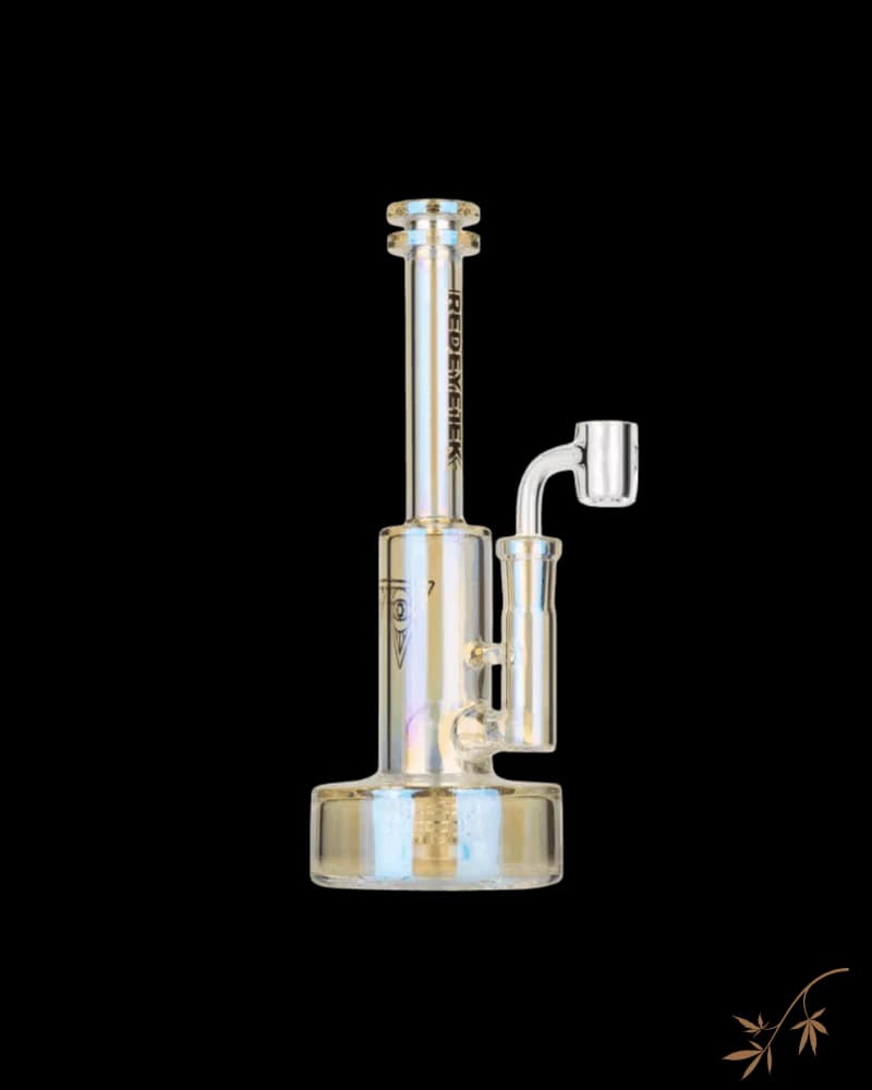 Rig à concentré Avalon Red Eye Tek de 9 pouces avec finition métallique Terminator, accents irisés arc-en-ciel et base en verre aux tons dorés