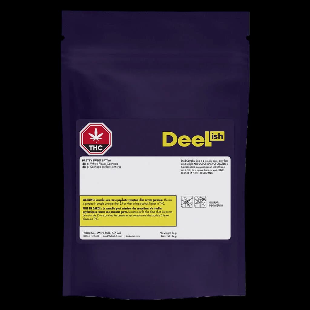 Deelish Pretty Sweet Sativa 28g dried flower package with red THC symbol and yellow Health Canada warning label on dark purple pouch