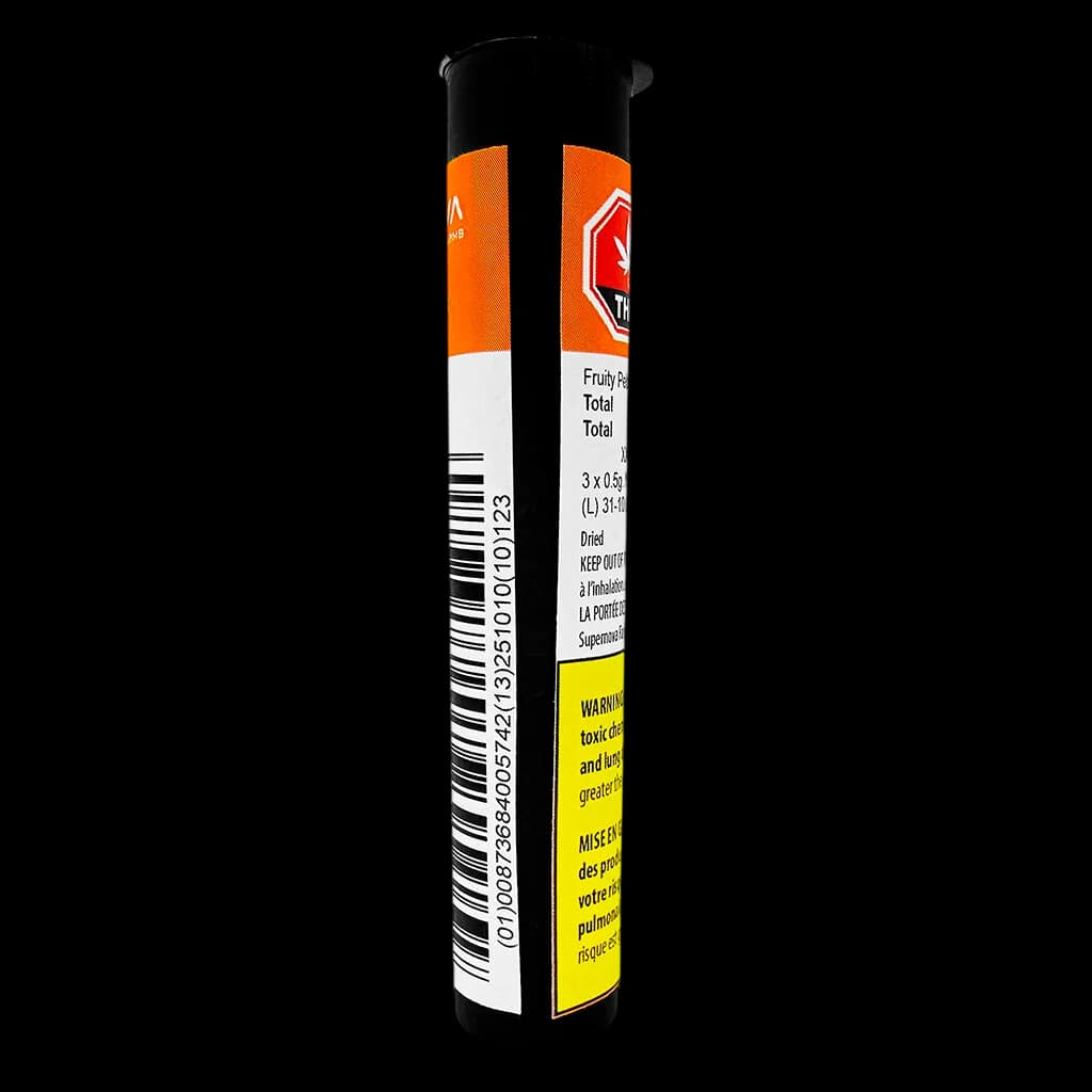 Paquet de pré-roulés B!tch Slap de Supernova Farms, 3 joints de 0,5 g dans un tube noir avec emballage orange et blanc