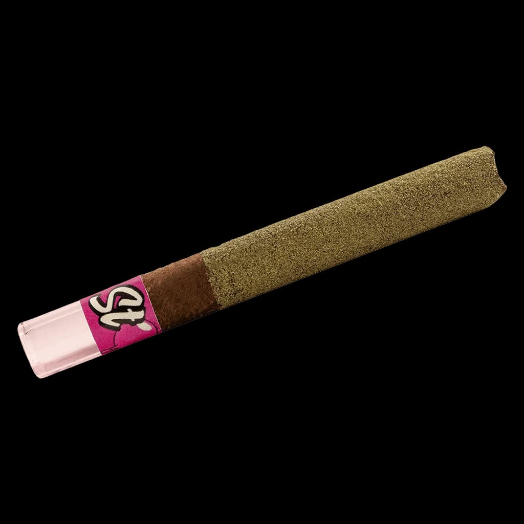 Blunt pré-roulé au cannabis Status Bubble Bubble enrobé de kief, avec étiquette rose et embout en cellulose transparent