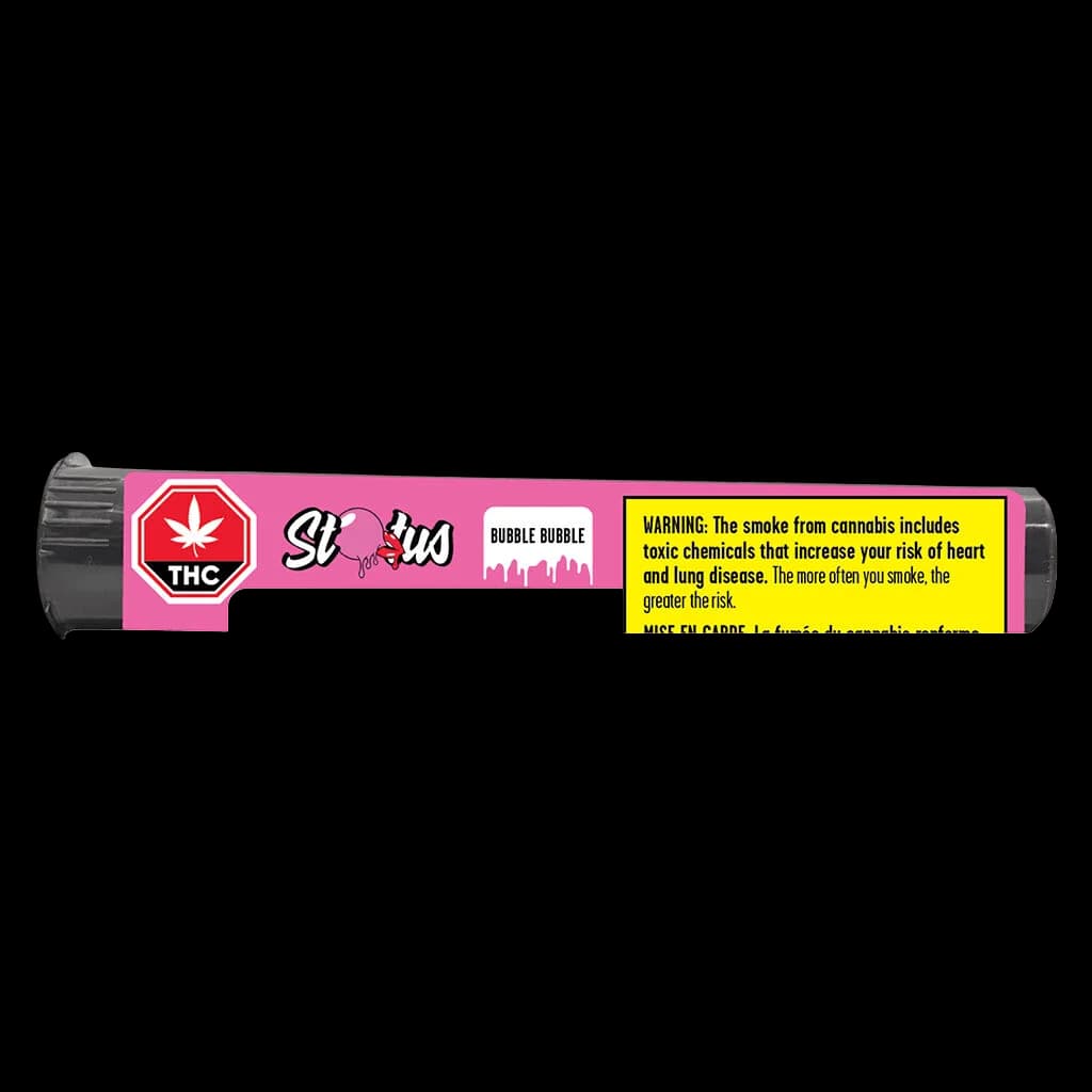 Blunt Bubble Bubble de Status infusé de diamants liquides et enrobé de kief, avec emballage rose, symbole d'avertissement THC et mise en garde sanitaire de Santé Canada visibles