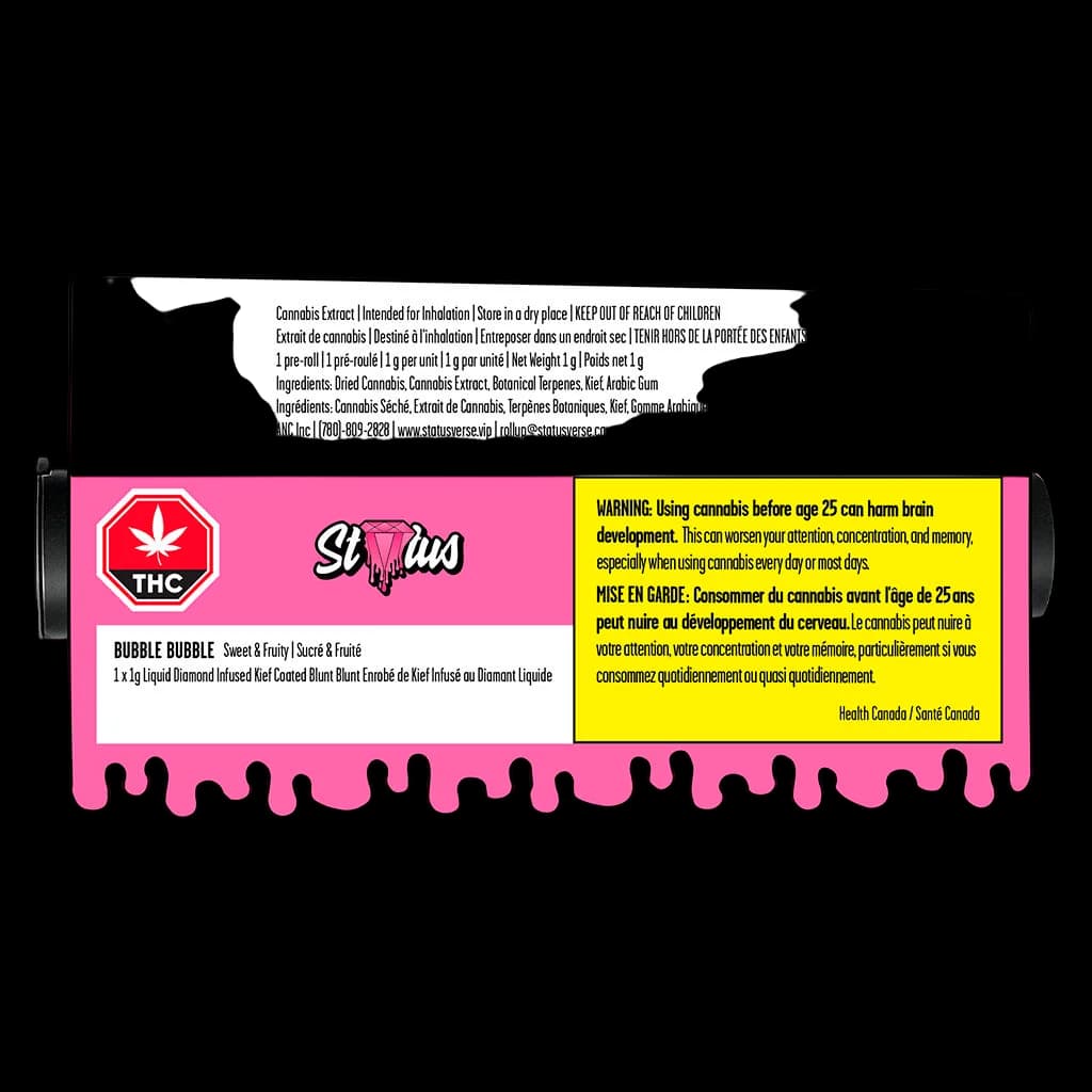 Status Bubble Bubble 1g Liquid Diamond infused Kief coated blunt with pink packaging, THC symbol, and Health Canada warning label