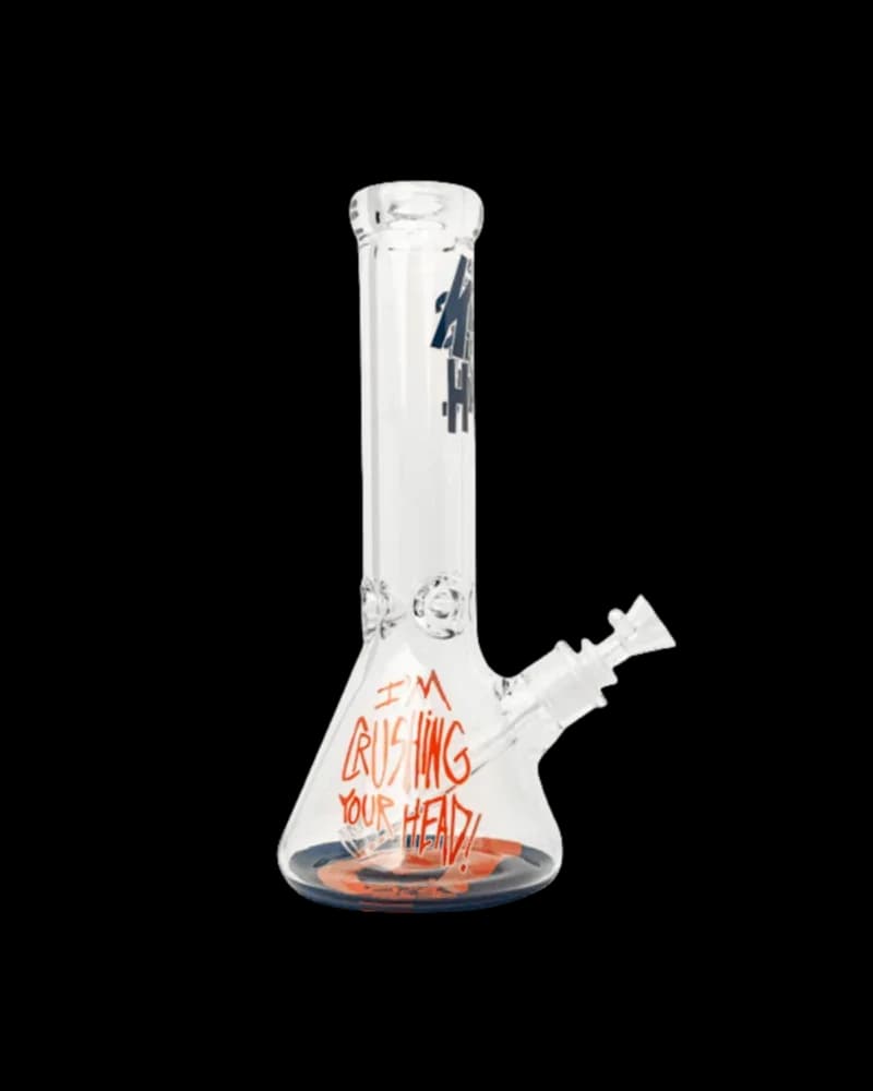 Pipe à eau à base de bécher I'm Crushing Your Head avec graphique en texte orange et accents bleu foncé, verre borosilicate de 7 mm d'épaisseur