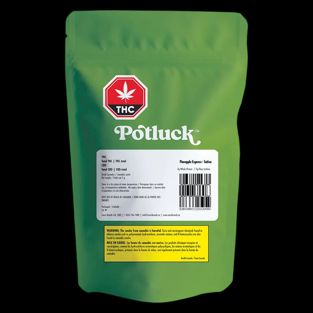 Potluck Pineapple Express cannabis dried flower pouch, 7g, with red THC warning symbol and yellow Health Canada warning label on green packaging