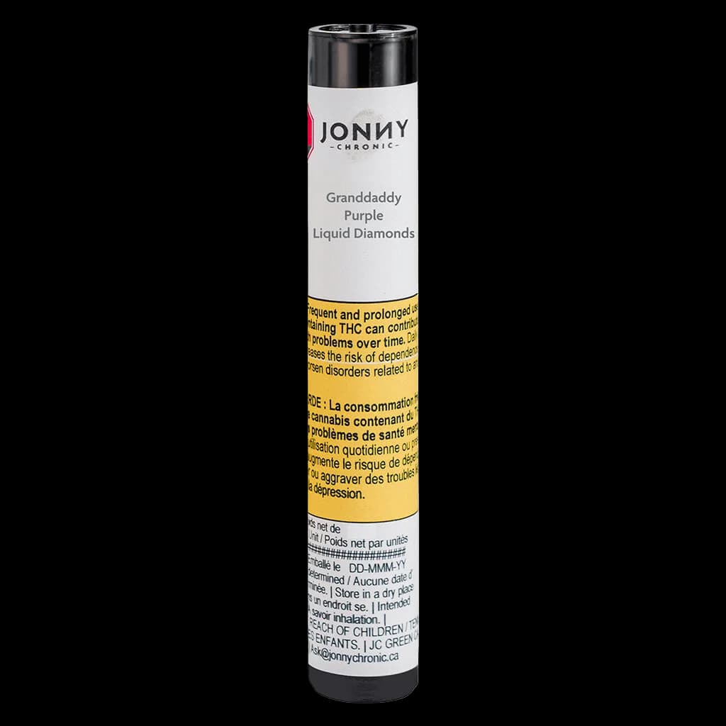 Jonny Chronic Granddaddy Purple Liquid Diamonds 510 thread cannabis vape cartridge with black cap and white label