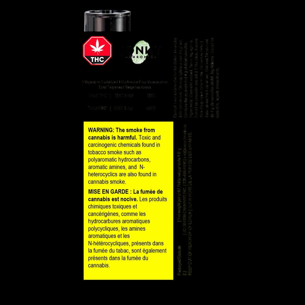 Jonny Chronic vaporizer cartridge packaging showing THC warning label and bilingual health warnings for cannabis vape cartridge.