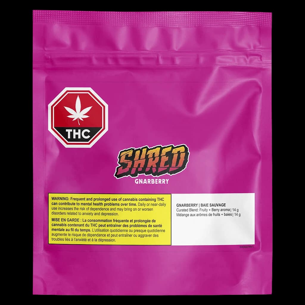 Emballage de cannabis en fleurs séchées Gnarberry de Shred, 14 g, pochette rose avec symbole d'avertissement THC et étiquette Santé Canada