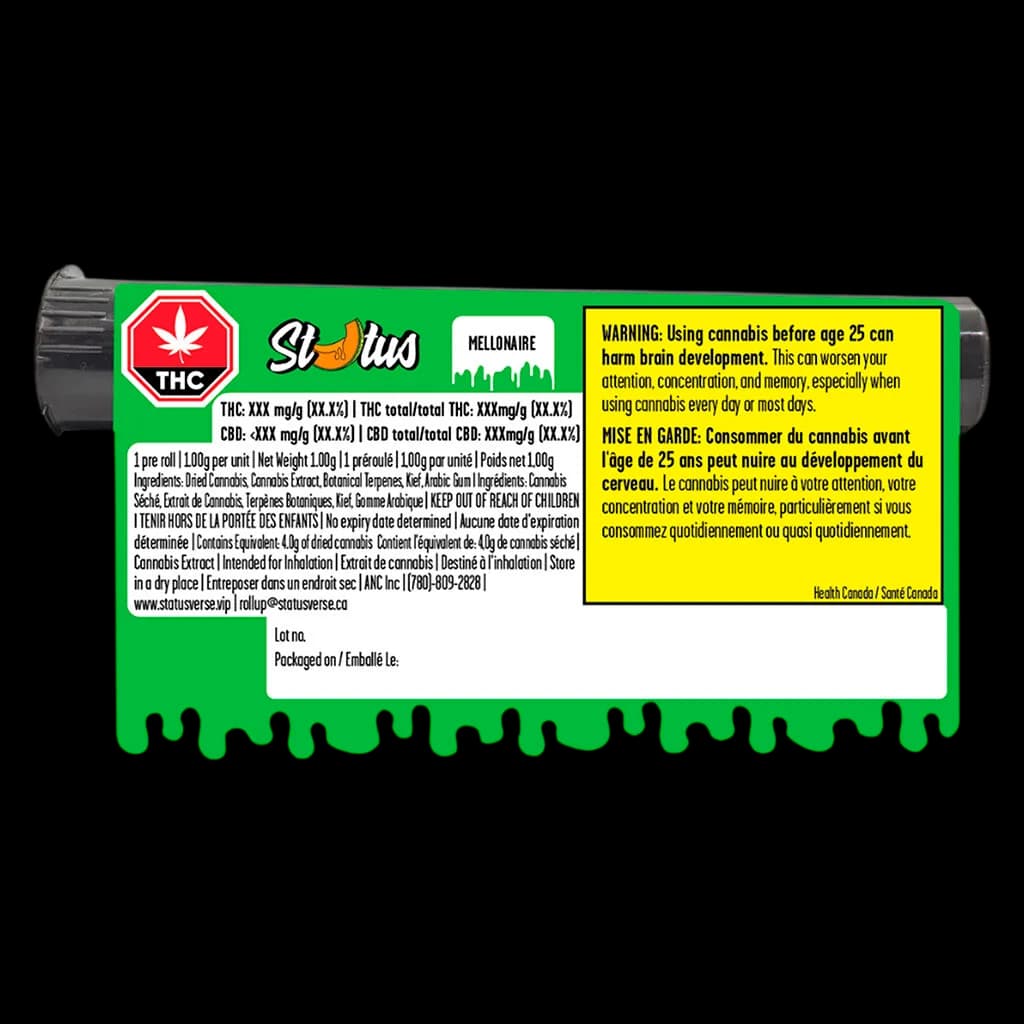 Pré-roulé Status Mellonaire avec enrobage de kief infusé aux diamants liquides, 1 g, emballage vert avec étiquette d'avertissement THC