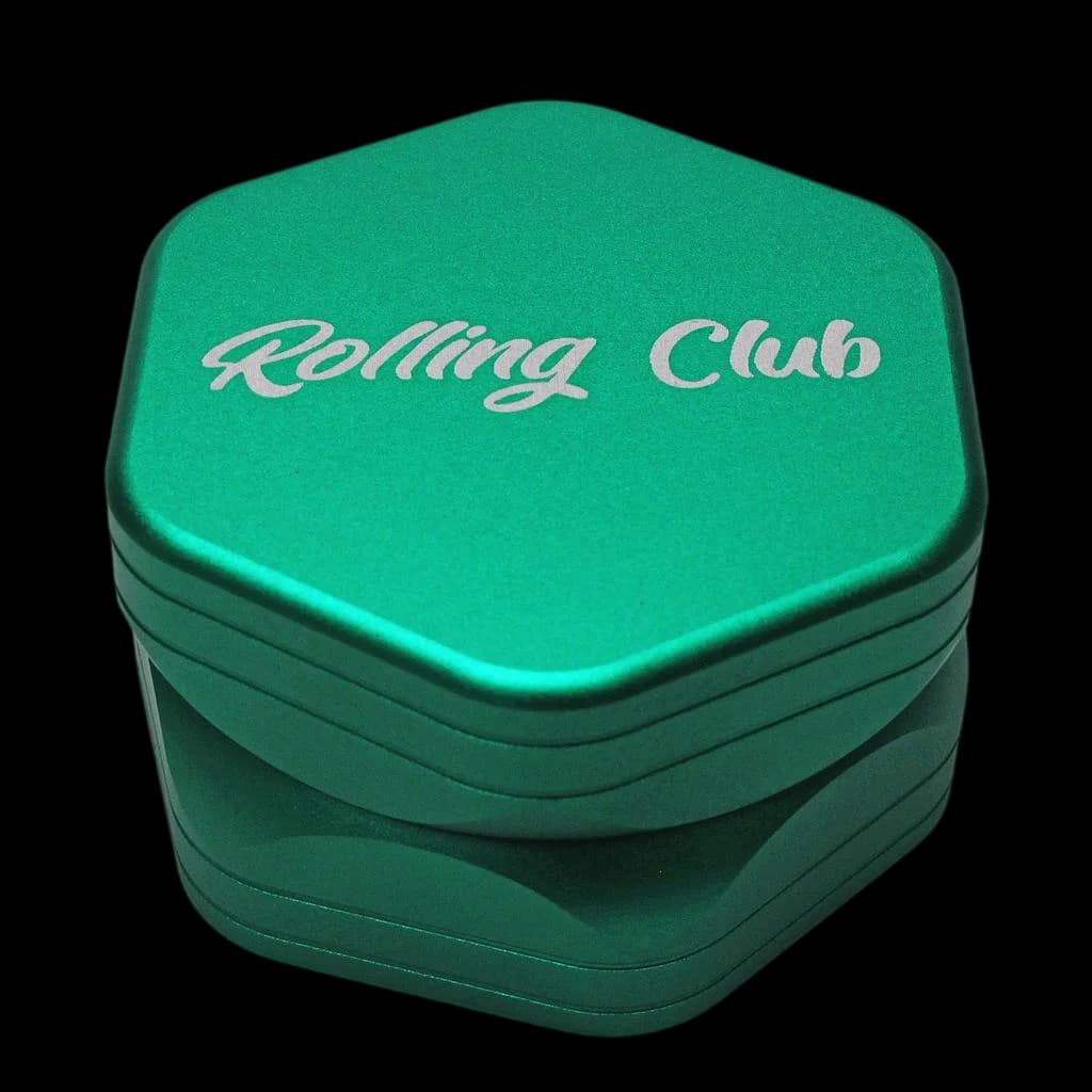 Broyeur hexagonal Rolling Club de 2,5 pouces, aluminium vert avec logo argenté, accessoire à cannabis deux pièces