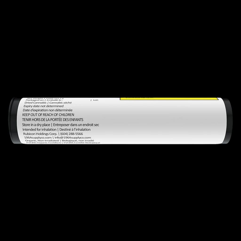 Produit de cannabis 1964 Comatose Resin Roll en emballage tubulaire noir avec étiquette blanche et bande d'avertissement jaune