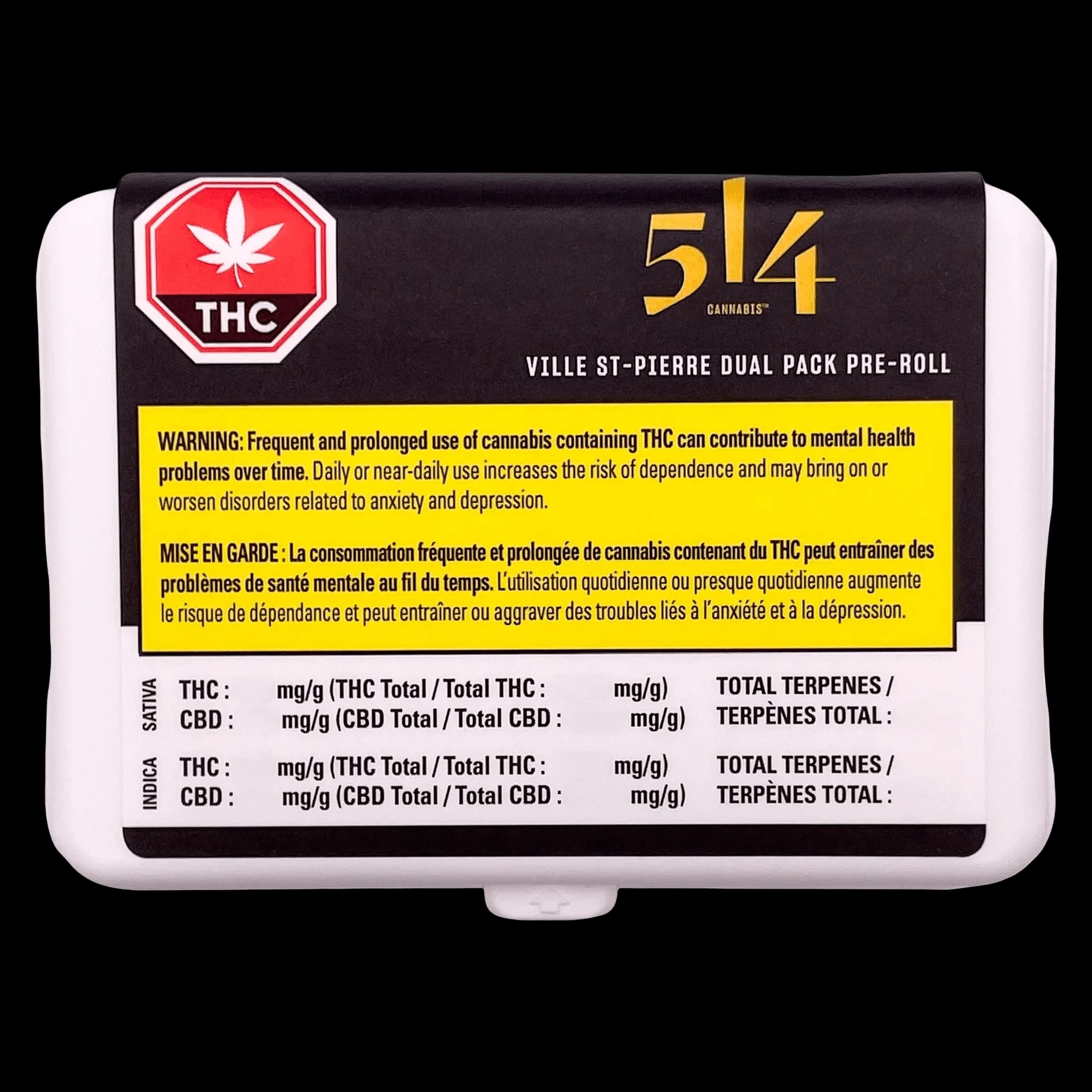 514 Cannabis Ville St-Pierre Dual Pack Pre-Roll package with Health Canada THC warning label and potency information