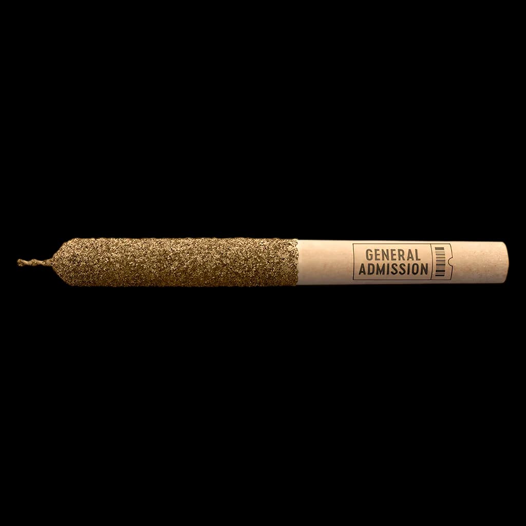 Three General Admission Peach Ringz distillate infused pre-rolls with natural paper wraps and kief-coated cannabis flower