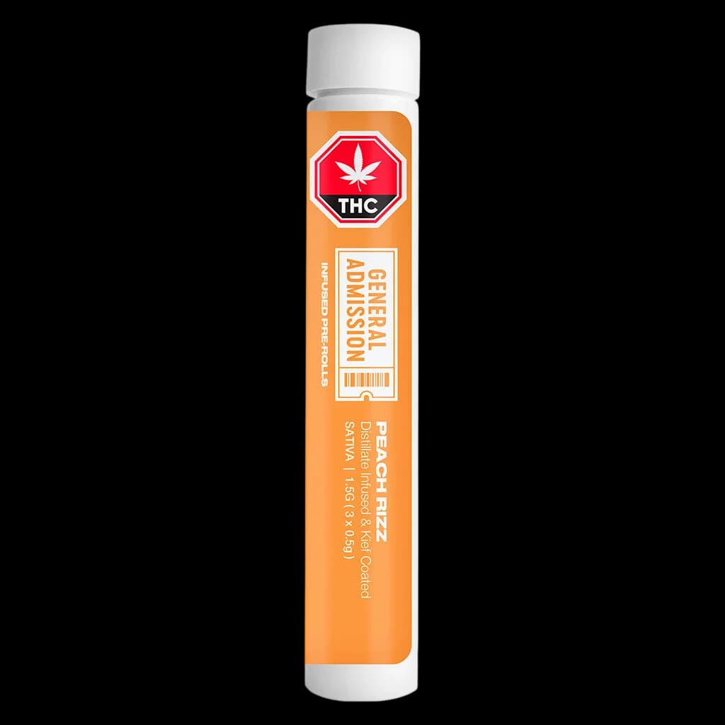 General Admission Peach Ringz distillate infused pre-roll, 1 x 1g, Sativa blend in pink packaging with THC seal