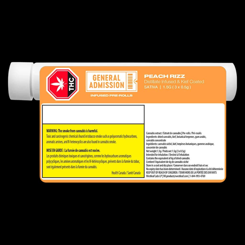 General Admission Peach Rizz distillate infused pre-roll pack, 1.5g sativa, 3-pack with orange packaging and white tube