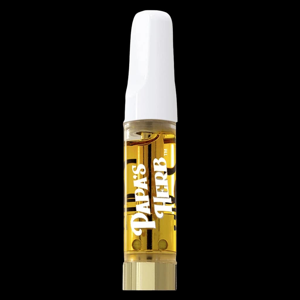Papa's Herb Hybrid Blueberry Zlushie Liquid Diamond 510 thread cannabis vape cartridge with golden oil and white mouthpiece