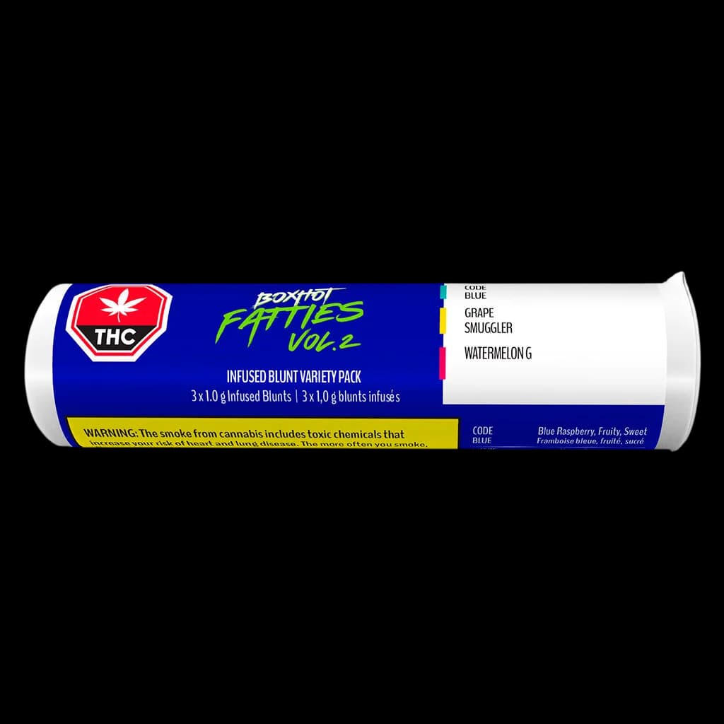 Boxhot Fatties Vol. 2 infused blunt variety pack containing 3x1.0g blunts in Blue, Grape, Smuggler, and Watermelon flavors