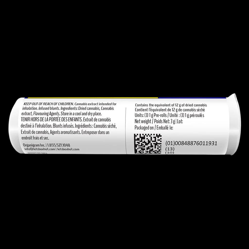 BOXHOT Fatties Vol. 2 Infused Blunts 3-pack rear label showing cannabis extract content, bilingual warning text, barcode, and lot information