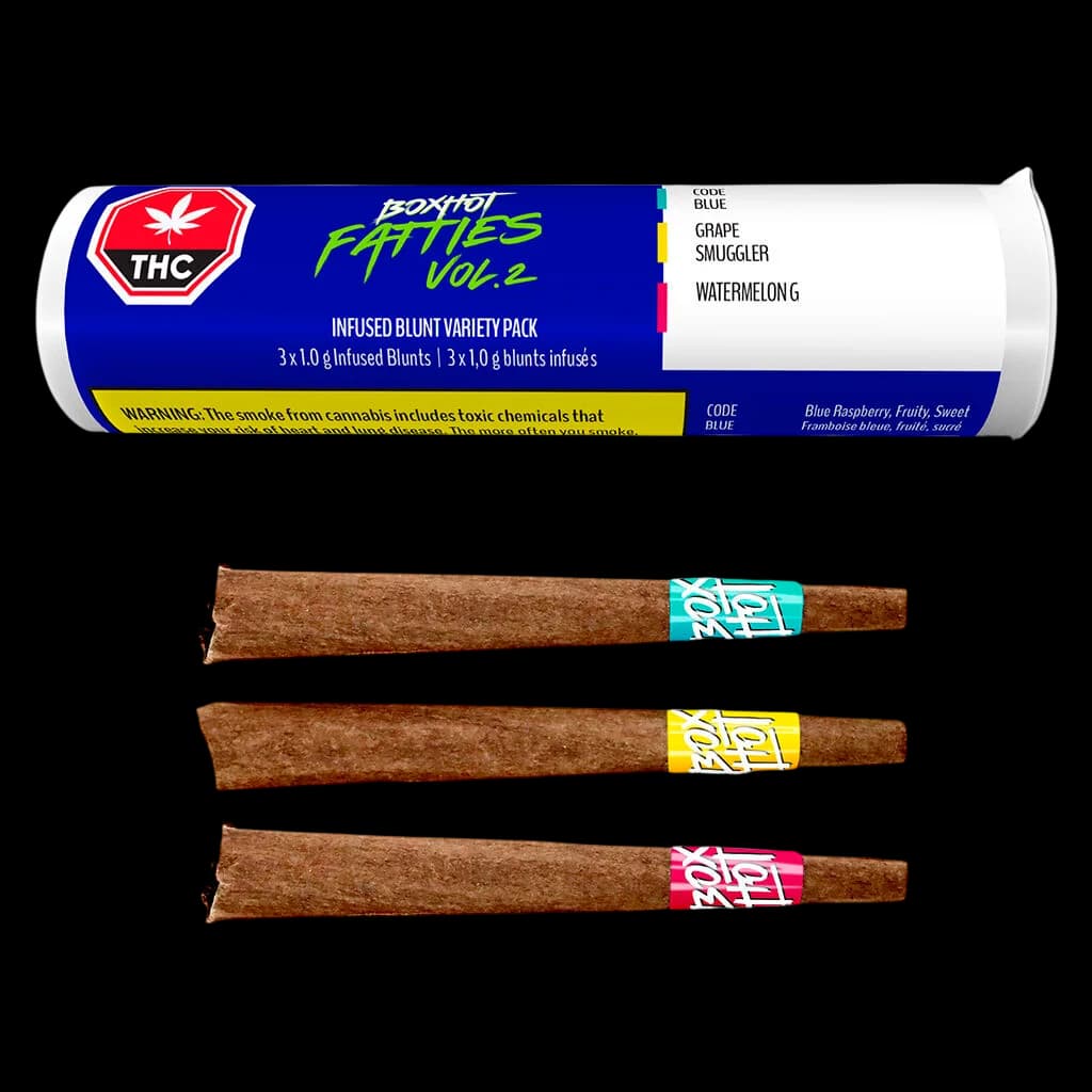 BOXHOT Fatties Vol. 2 infused blunt variety pack with three 1.0g blunts in Grape Smuggler, Watermelon, and Blue Raspberry flavours