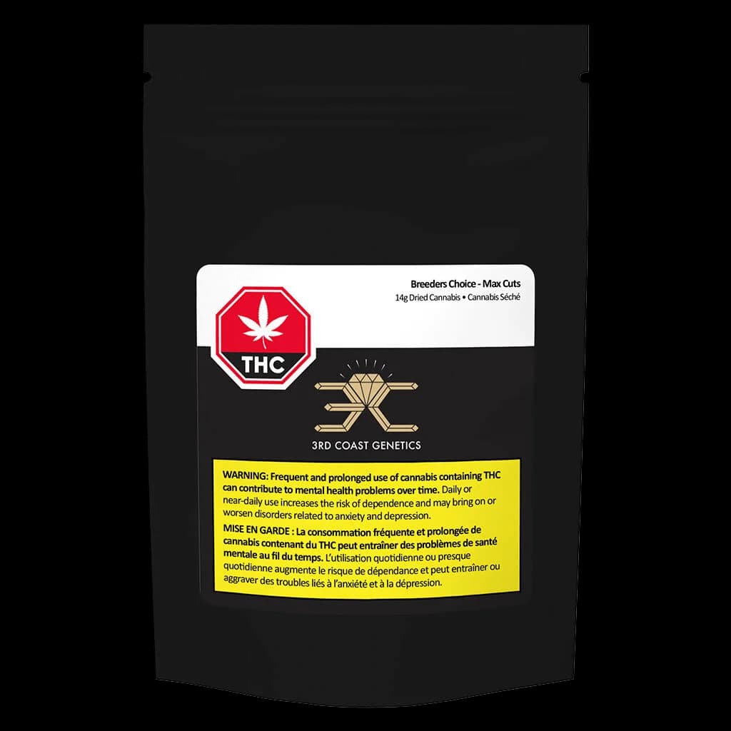 Breeders Choice Max Cuts 14g dried cannabis flower by 3rd Coast Genetics in black pouch with red THC warning symbol