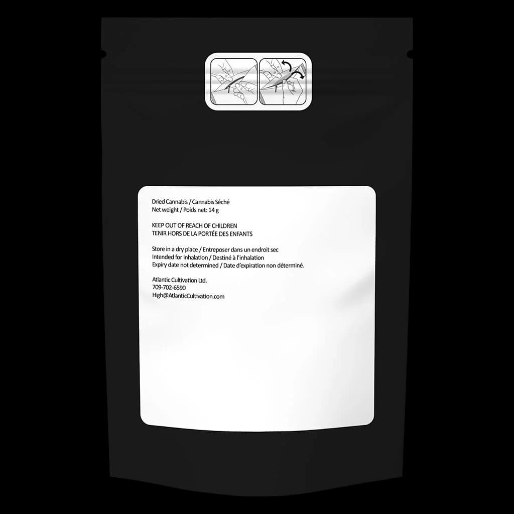 Atlantic Cultivation Ltd. dried cannabis 14g pouch with bilingual instructions and usage icons