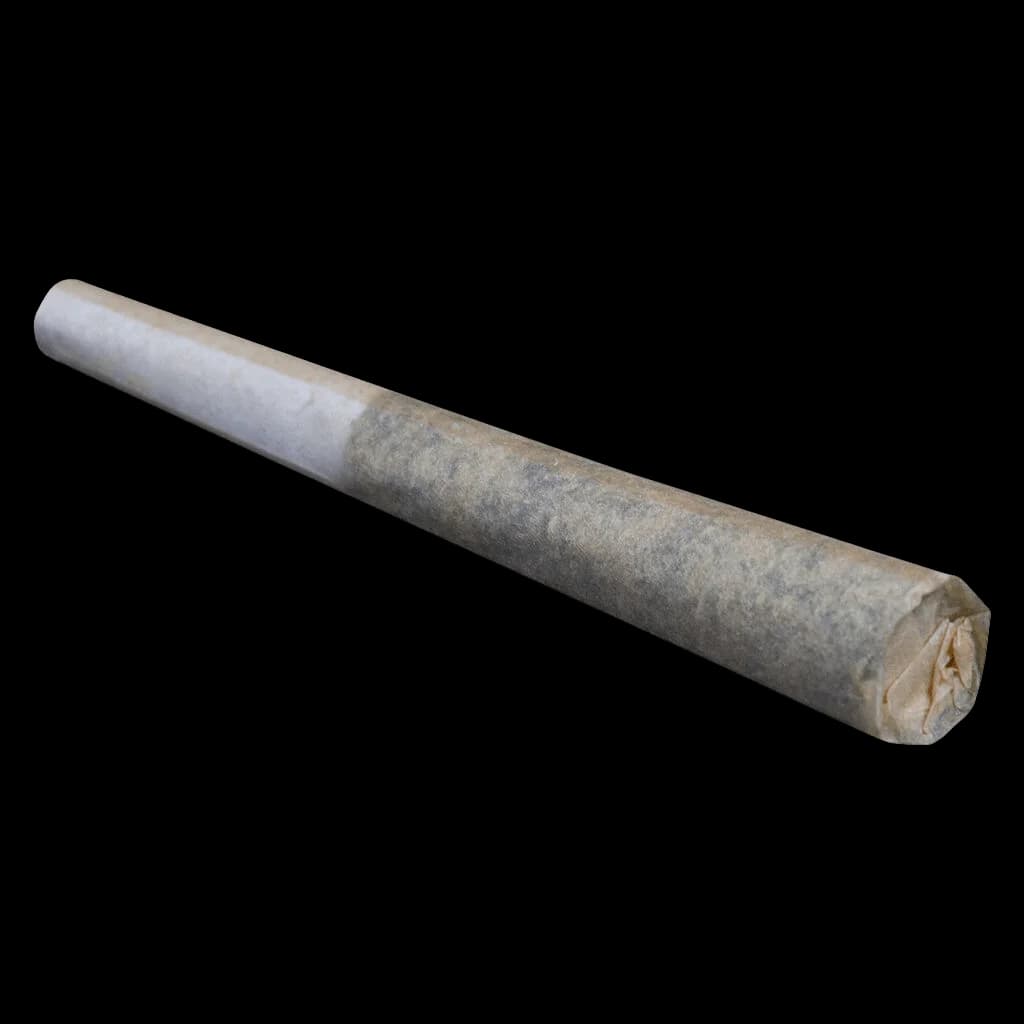 Pré-roulé Sage n' Sour de MTL Cannabis avec papier à rouler gris et fleur de cannabis visible à l'extrémité