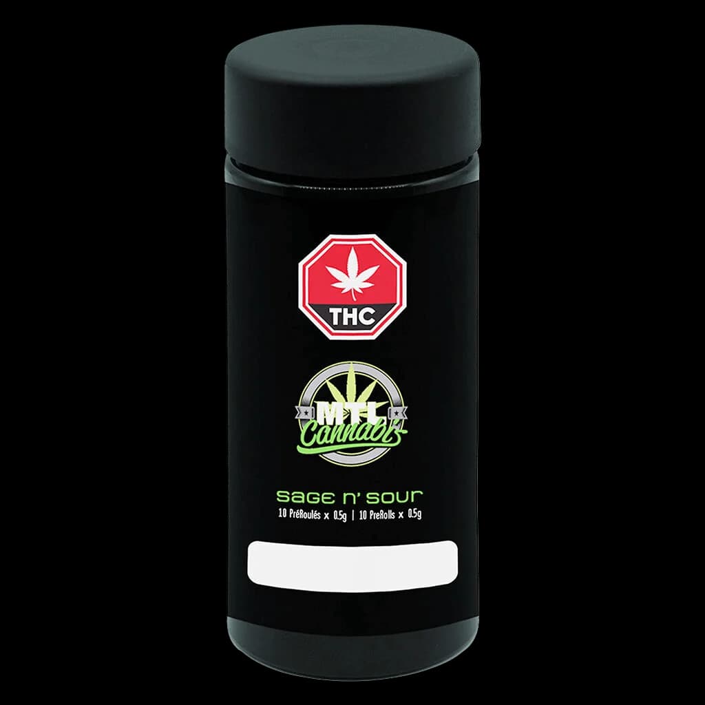 Paquet de pré-roulés MTL Cannabis Sage n' Sour avec contenant cylindrique noir, symbole d'avertissement THC rouge et image de marque verte indiquant 10 pré-roulés x 0,5 g
