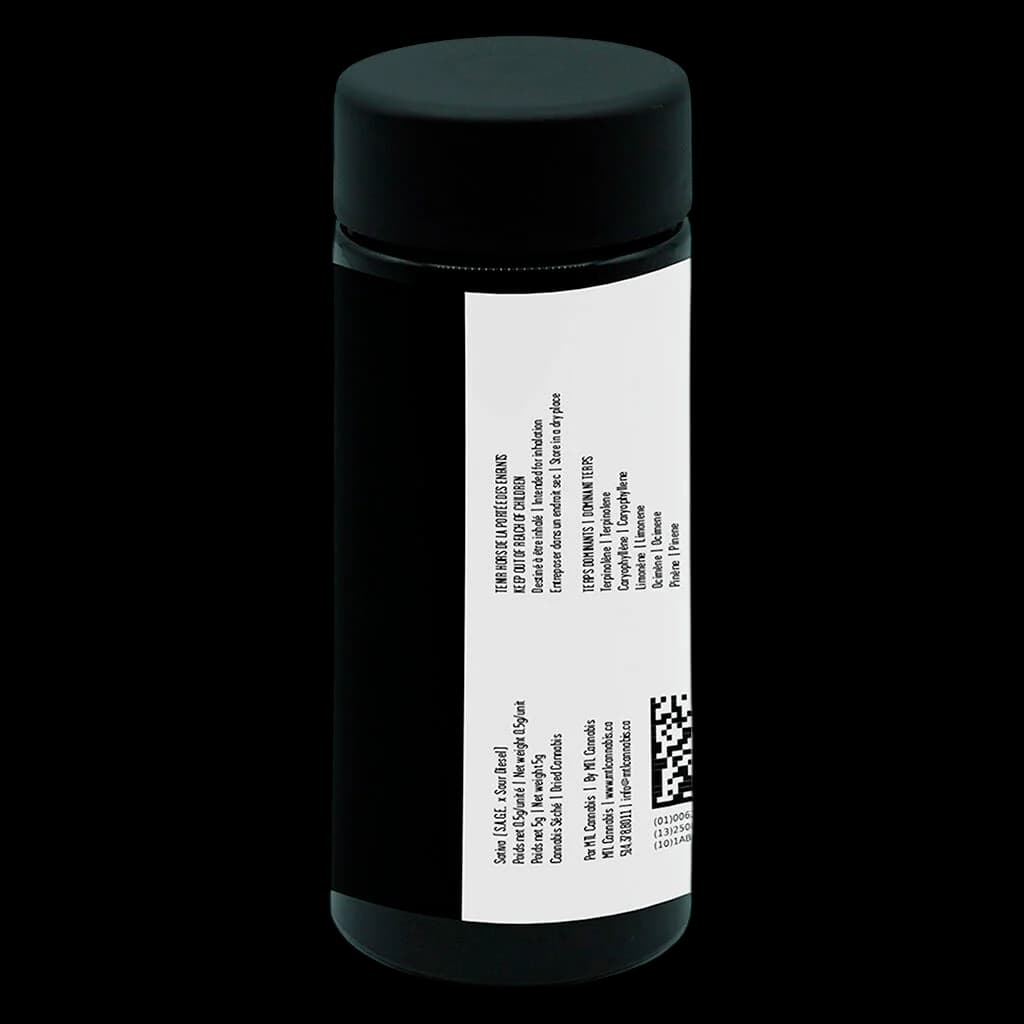 Paquet de pré-roulés Sage n' Sour de MTL Cannabis dans un tube cylindrique noir avec étiquette blanche