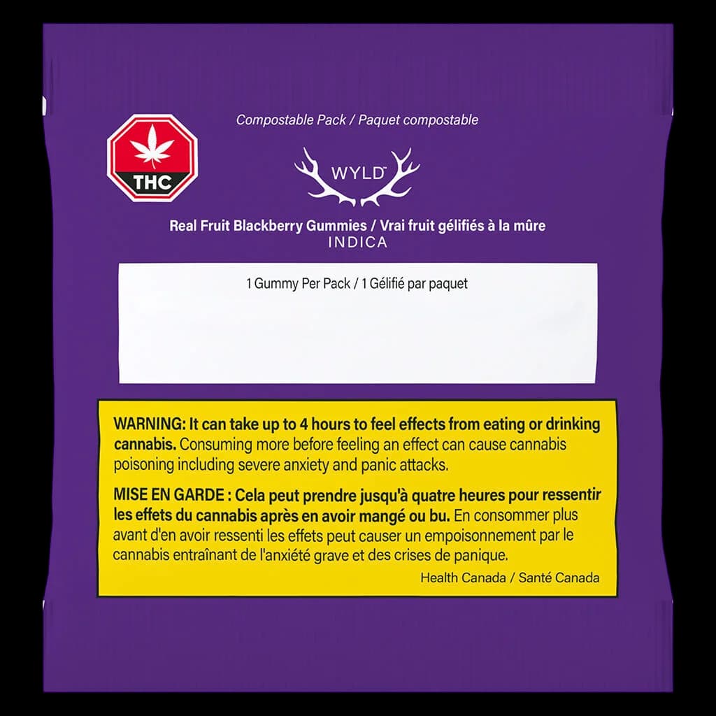 Wyld Real Fruit Blackberry Gummies single-pack, indica strain, purple compostable packaging with THC warning label