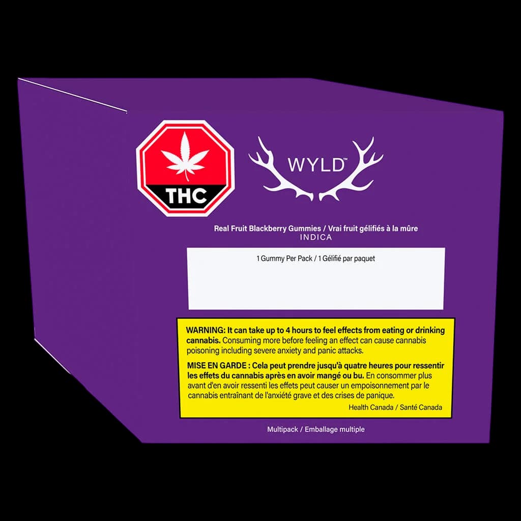 Wyld Real Fruit Blackberry Gummies Indica multipack with purple packaging, THC warning symbol, and Health Canada warning label