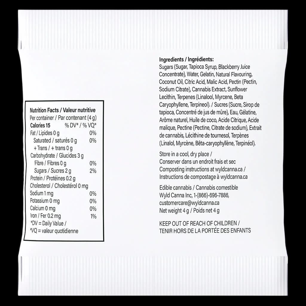 Wyld Real Fruit Blackberry Indica Gummies 4g package back label showing nutrition facts, ingredients, and cannabis extract details