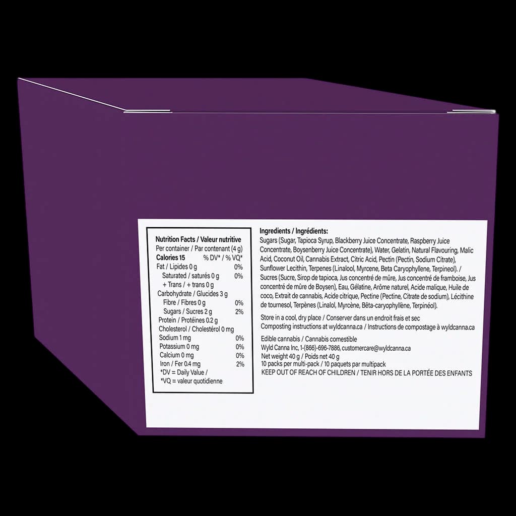 Wyld Real Fruit Blackberry Indica Gummies 10-pack multipack box, purple packaging with nutrition facts and ingredients label visible